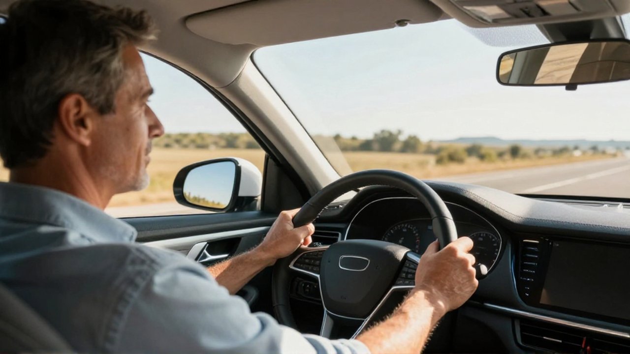 Hombre de mediana edad conduce un sedán moderno con calma por una carretera soleada.