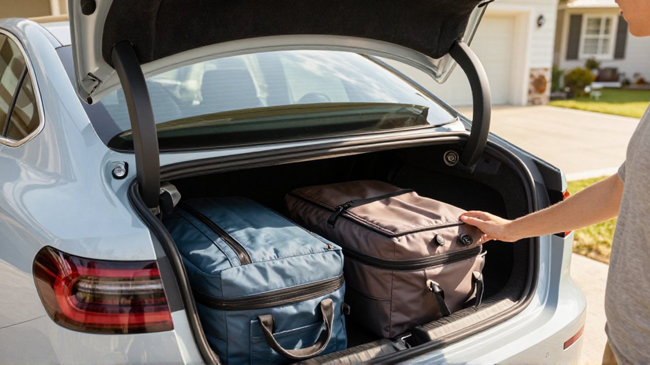 Manos organizando cuidadosamente bolsas de viaje y equipaje ligero en el maletero de un coche.