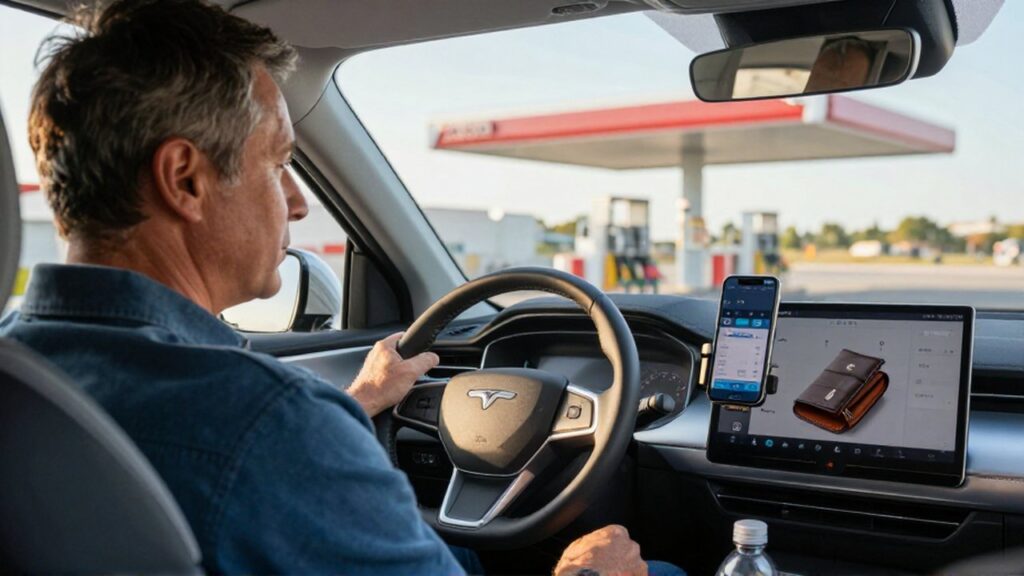 Hombre sentado en su coche consultando el consumo de combustible en su smartphone durante la mañana.