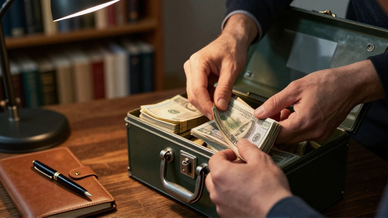 Manos organizando fajos de billetes dentro de una caja de seguridad metálica sobre un escritorio.
