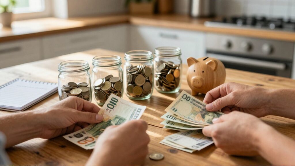 Manos organizando billetes y frascos con monedas sobre una mesa de madera iluminada por el sol.