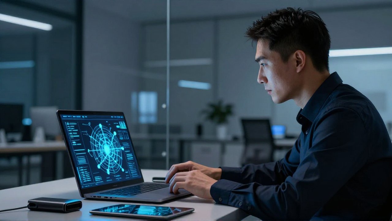 Analista de ciberseguridad examinando esquemas de red digital en una laptop dentro de una oficina moderna.