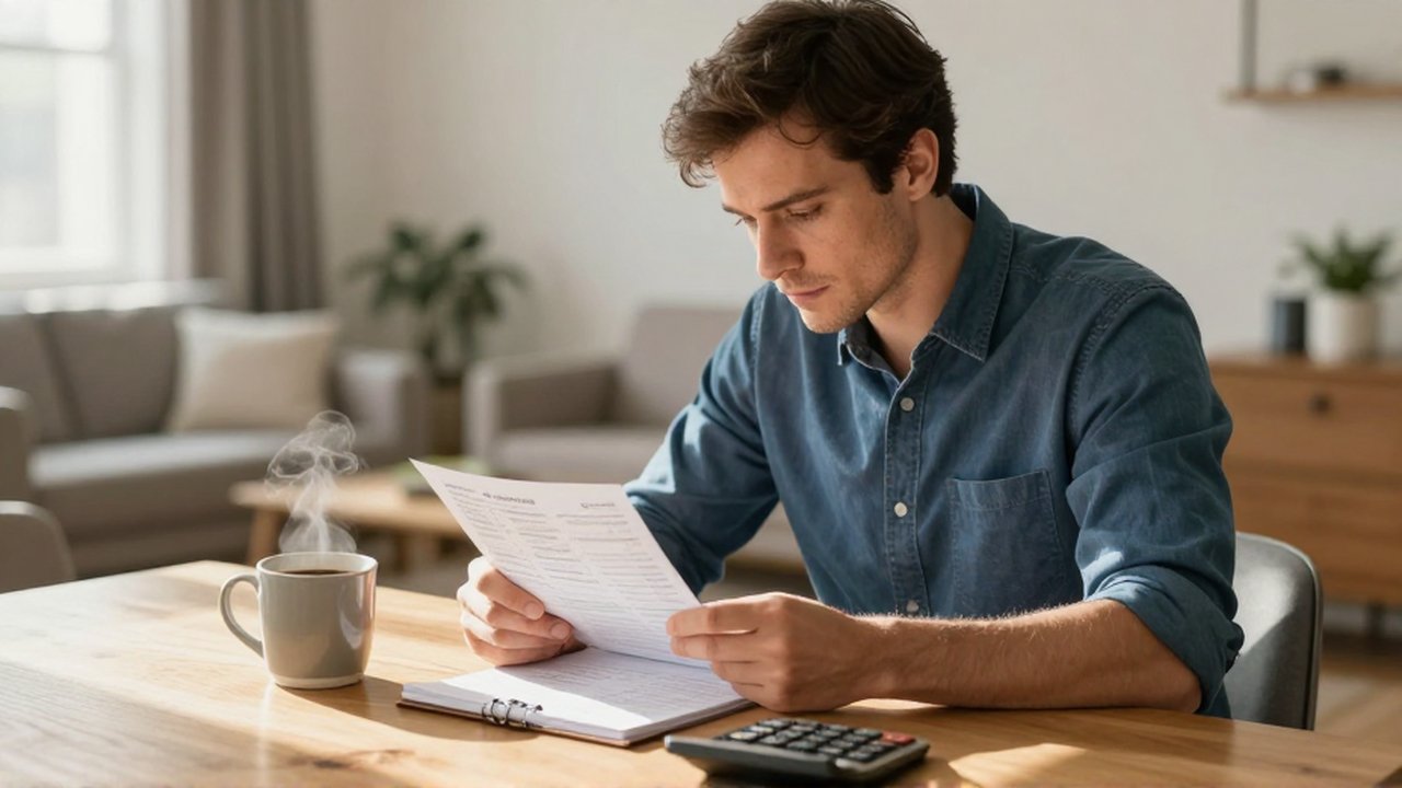 Hombre sentado en una mesa de madera revisando sus finanzas con un cuaderno y una calculadora.