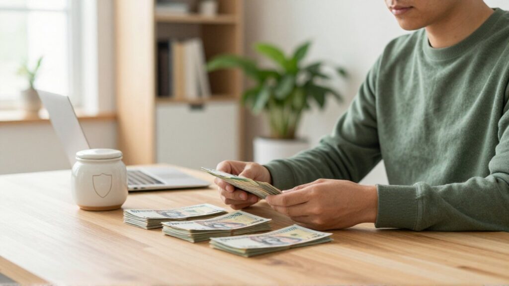 Persona organizando fajos de billetes y un frasco cerámico con un escudo en un escritorio luminoso.