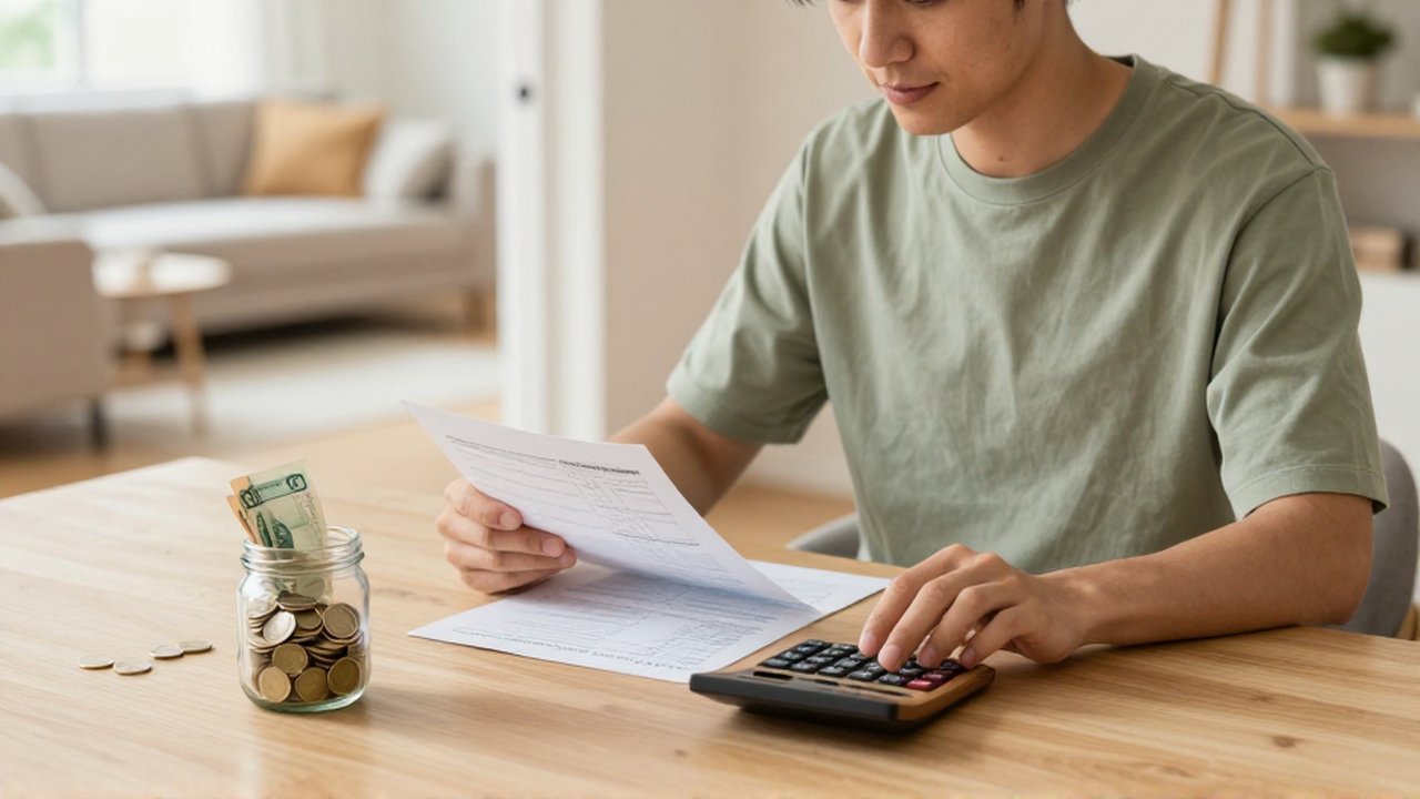 Persona sentada en un escritorio organizando su presupuesto con una calculadora y un bote de ahorros.