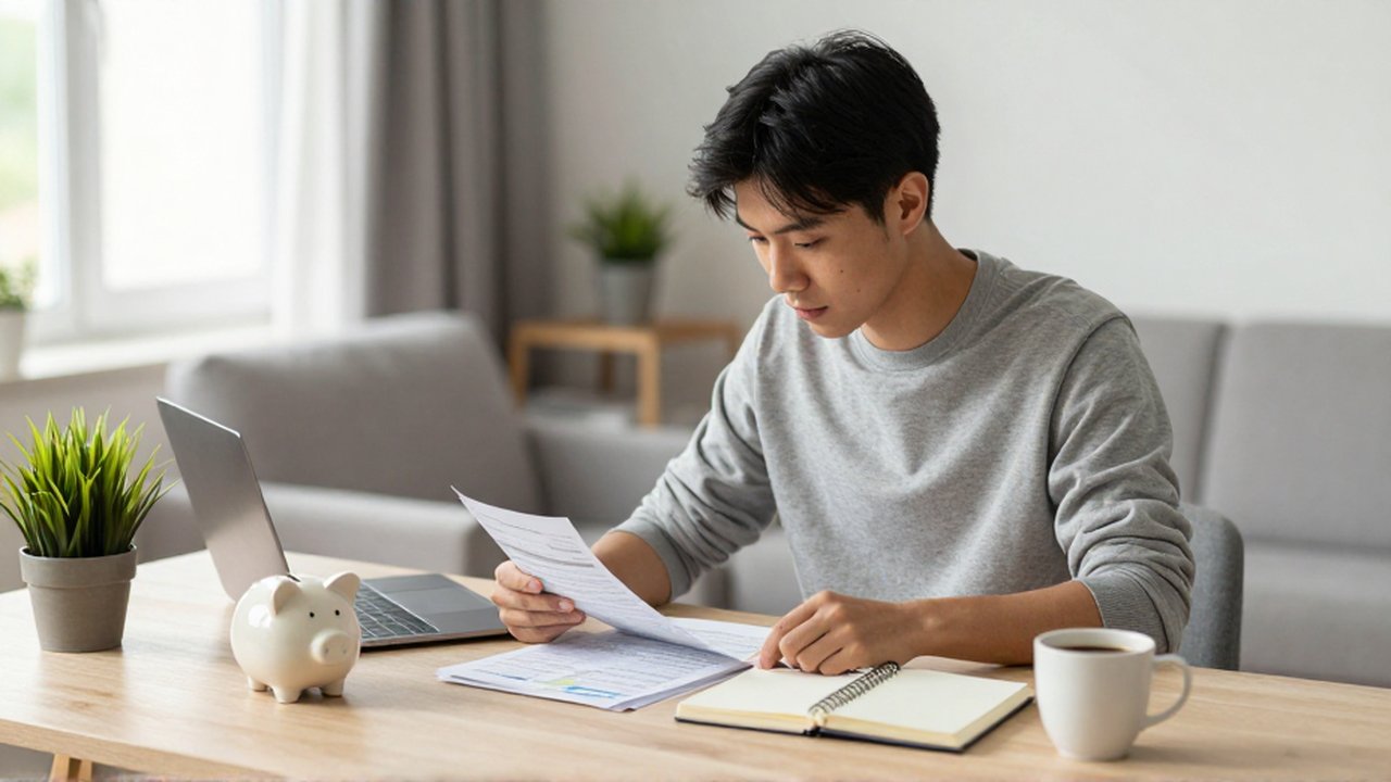 Joven organizando sus finanzas personales con estados de cuenta y una libreta en un escritorio iluminado.