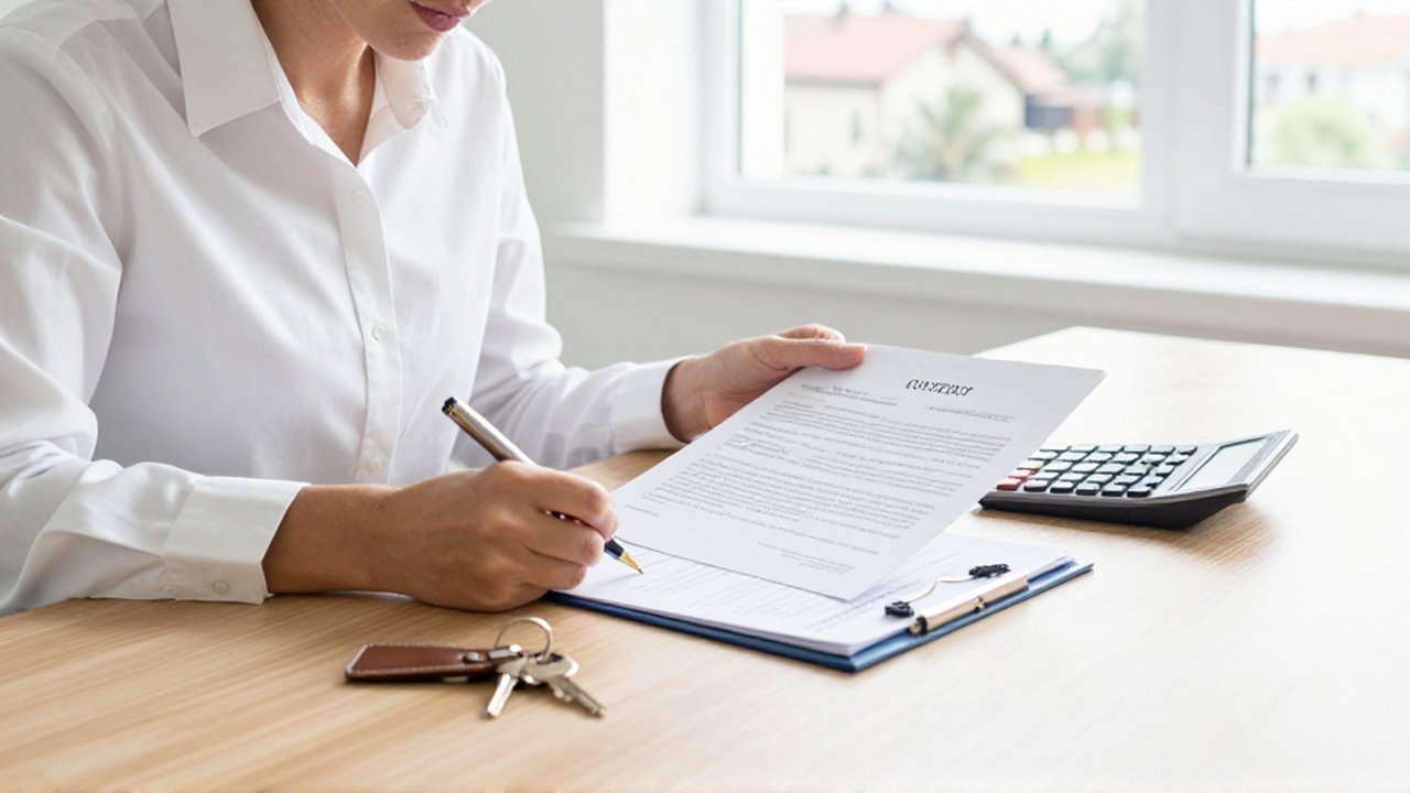 Mujer revisando y firmando un contrato de alquiler en un escritorio de madera con llaves y calculadora.