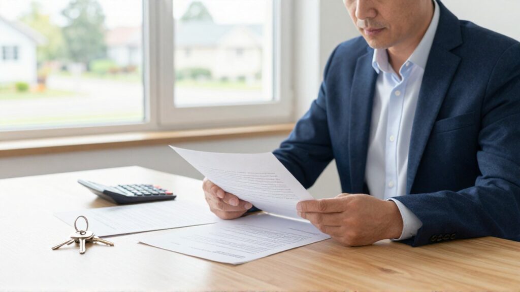 Un propietario de mediana edad revisa documentos legales y un contrato de arrendamiento en su oficina.