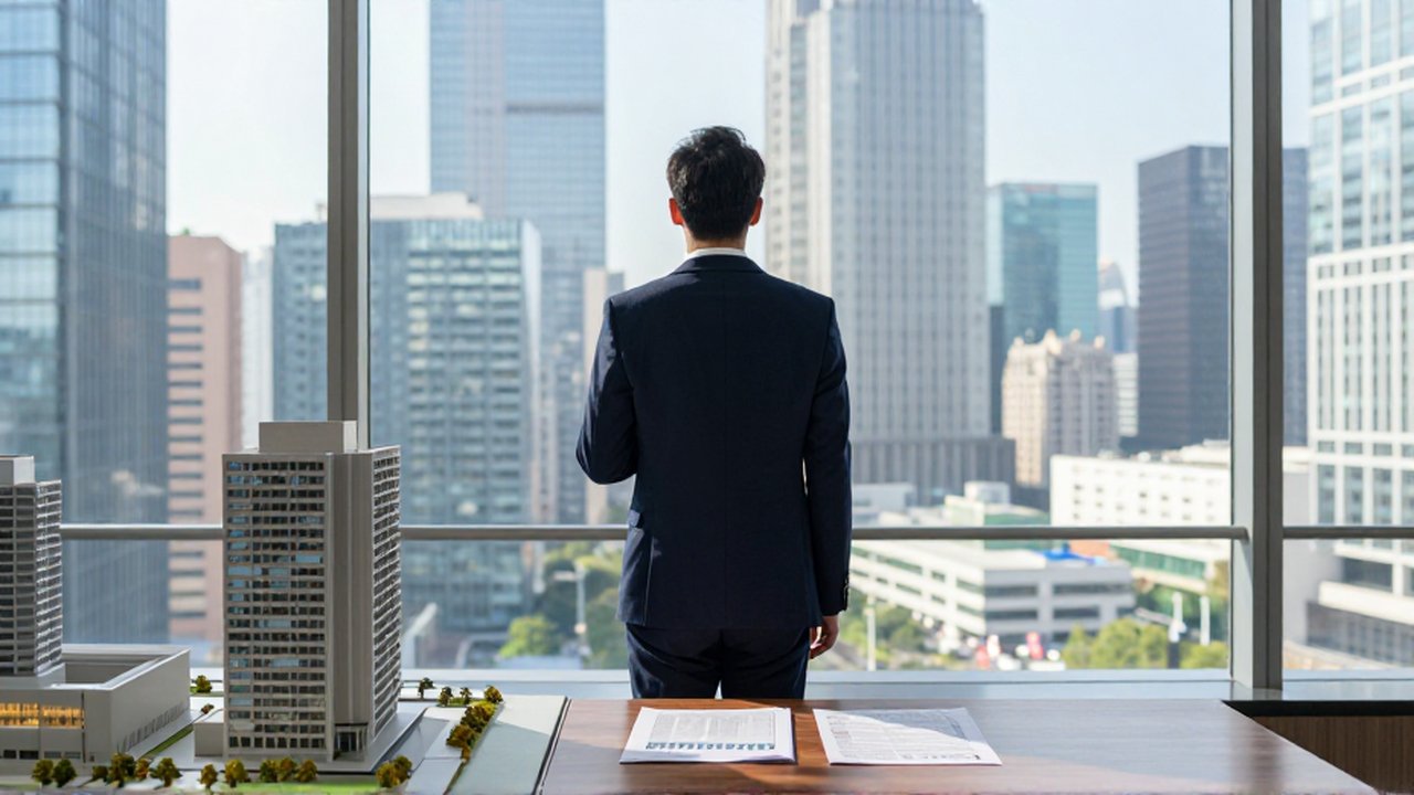 Analista financiero observando el horizonte urbano desde una oficina moderna con una maqueta arquitectónica.
