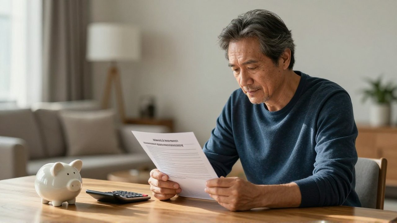 Un hombre de mediana edad revisa con tranquilidad una póliza de seguro médico en una mesa de madera.