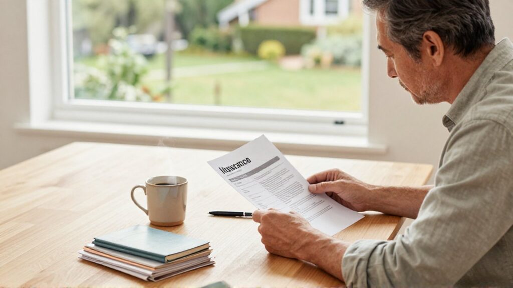 Hombre de mediana edad revisa documentos financieros y libretas de ahorro en una oficina luminosa.