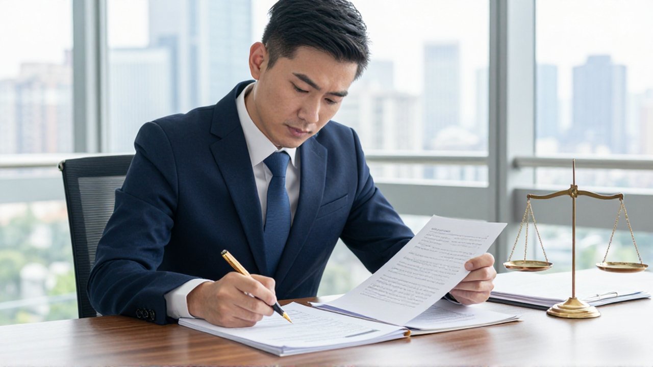 Consultor legal con traje azul revisa documentos en un despacho moderno con vistas a la ciudad.