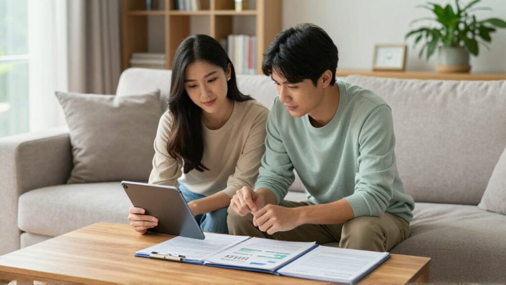Pareja joven revisa documentos financieros y una tablet sentados en un salón luminoso.
