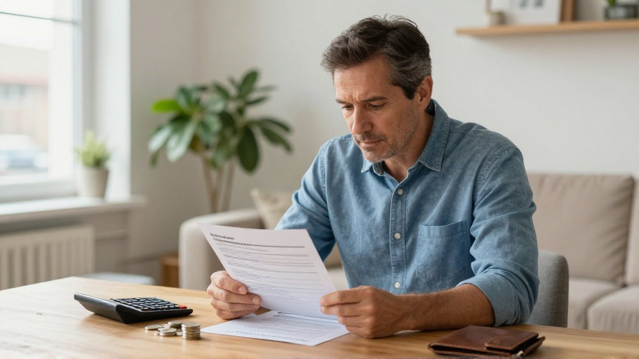 Hombre de mediana edad revisando una póliza de salud y calculando gastos en su mesa.